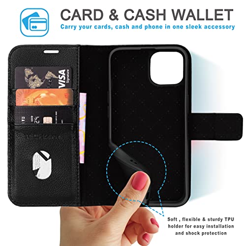[Leather Wallet Case] Genuine Leather [RFID Blocking] Magnetic Flip Case with Card & Slots and Stand For iPhone 14 Plus