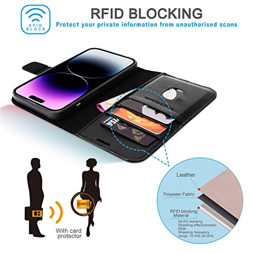 [Leather Wallet Case] Genuine Leather [RFID Blocking] Magnetic Flip Case with Card & Slots and Stand For iPhone 14 Pro Max