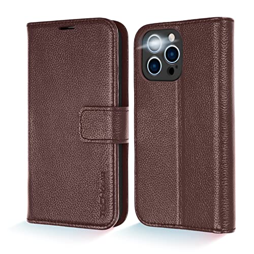[Leather Wallet Case] Genuine Leather [RFID Blocking] Magnetic Flip Case with Card & Slots and Stand For iPhone 13 Pro
