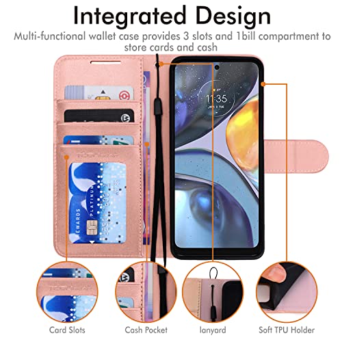 [Wallet Case] Protective Cover with Cash & Card Holder, Stand and Wrist Strap For Motorola Moto G22