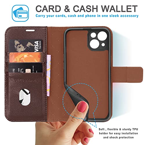 [Leather Wallet Case] Genuine Leather [RFID Blocking] Magnetic Flip Case with Card & Slots and Stand For iPhone 13 6.1"