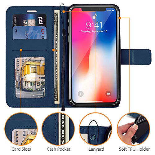 [Wallet Case] Protective Cover with Cash & Card Holder, Stand and Wrist Strap For Apple iPhone XS Max