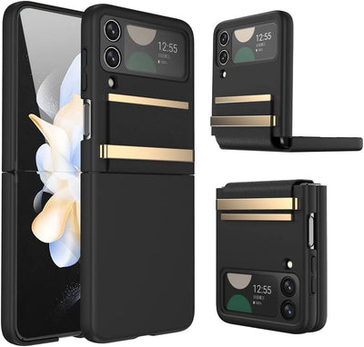 Samsung Galaxy Z Flip 4 Screen Protector Case, Z Flip 4 Case with Stylish Leather Hinge & Metal Trim, Hard PC Shockproof [Screen Protector] Case