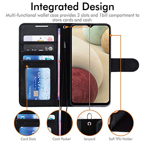 [Wallet Case] Protective Cover with Cash & Card Holder, Stand and Wrist Strap For Samsung Galaxy A12
