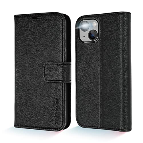 [Leather Wallet Case] Genuine Leather [RFID Blocking] Magnetic Flip Case with Card & Slots and Stand For iPhone 14 Plus