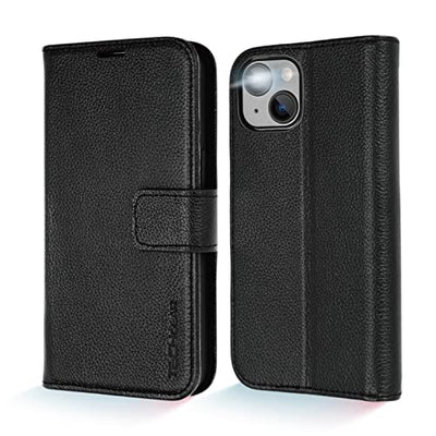 [Leather Wallet Case] Genuine Leather [RFID Blocking] Magnetic Flip Case with Card & Slots and Stand For iPhone 14 Plus