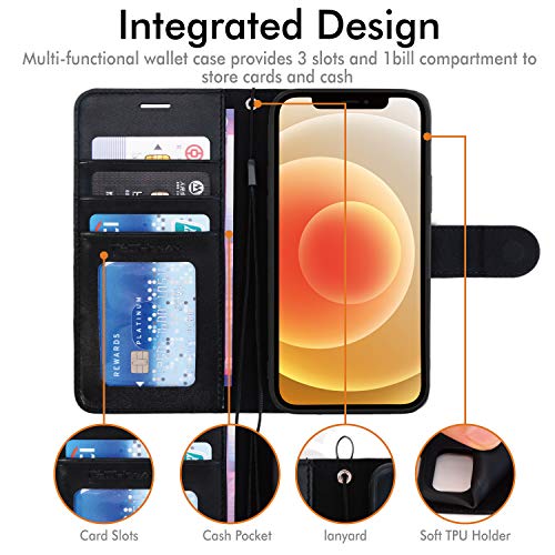 [Wallet Case] Protective Cover with Cash & Card Holder, Stand and Wrist Strap For Apple iPhone 12 Mini