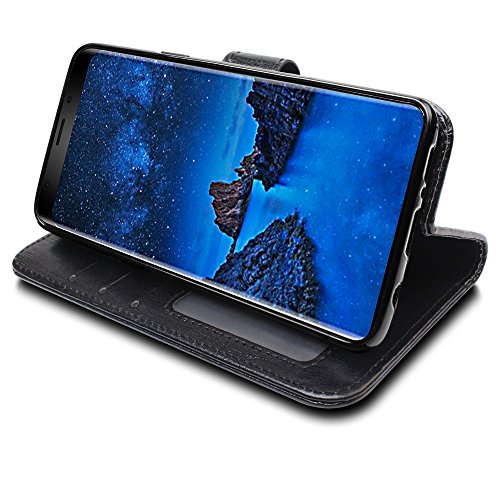 [Wallet Case] Protective Cover with Cash & Card Holder, Stand and Wrist Strap For Samsung Galaxy S9 Plus