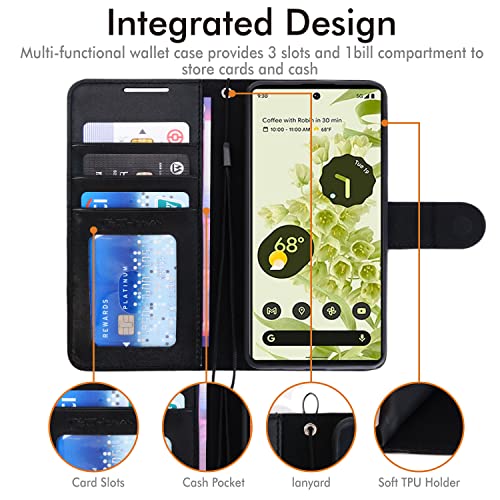 [Wallet Case] Protective Cover with Cash & Card Holder, Stand and Wrist Strap For Google Pixel 6 Pro