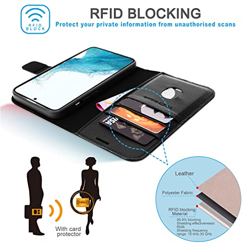 [Leather Wallet Case] Genuine Leather [RFID Blocking] Magnetic Flip Case with Card & Slots and Stand For Samsung Galaxy S22 Plus