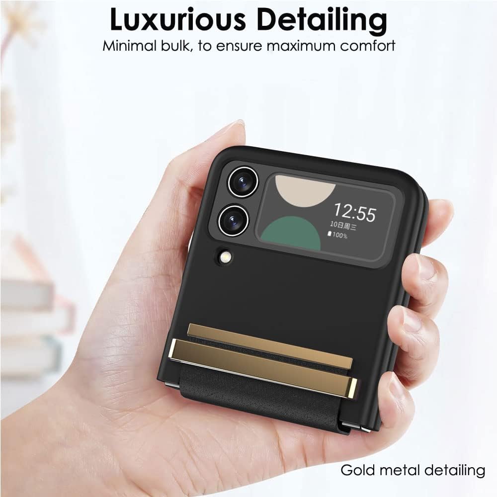 Samsung Galaxy Z Flip 4 Screen Protector Case, Z Flip 4 Case with Stylish Leather Hinge & Metal Trim, Hard PC Shockproof [Screen Protector] Case