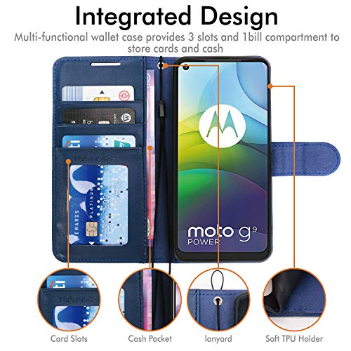 [Wallet Case] Protective Cover with Cash & Card Holder, Stand and Wrist Strap For Motorola Moto G9 Power