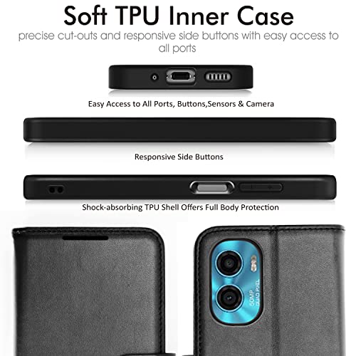 [Wallet Case] Protective Cover with Cash & Card Holder, Stand and Wrist Strap For Motorola Moto E32