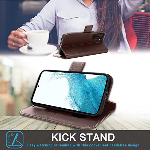 [Leather Wallet Case] Genuine Leather [RFID Blocking] Magnetic Flip Case with Card & Slots and Stand For Samsung Galaxy S22 Plus