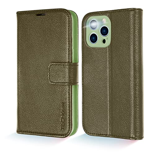 [Leather Wallet Case] Genuine Leather [RFID Blocking] Magnetic Flip Case with Card & Slots and Stand For iPhone 13 Pro