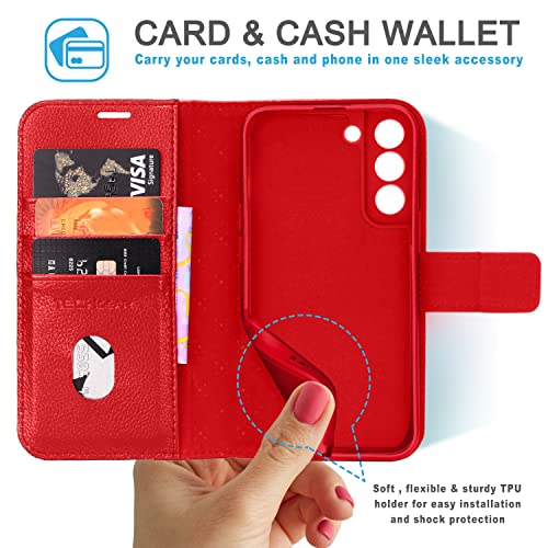 [Leather Wallet Case] Genuine Leather [RFID Blocking] Magnetic Flip Case with Card & Slots and Stand For Samsung Galaxy S22 Plus
