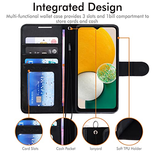 [Wallet Case] Protective Cover with Cash & Card Holder, Stand and Wrist Strap For Samsung Galaxy A04s / A13 5G