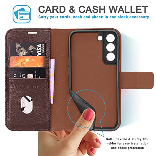 [Leather Wallet Case] Genuine Leather [RFID Blocking] Magnetic Flip Case with Card & Slots and Stand For Samsung Galaxy S22 Plus