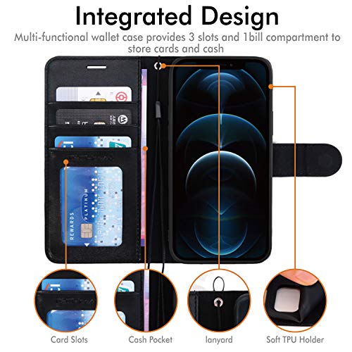 [Wallet Case] Protective Cover with Cash & Card Holder, Stand and Wrist Strap For Apple iPhone 12 Pro Max