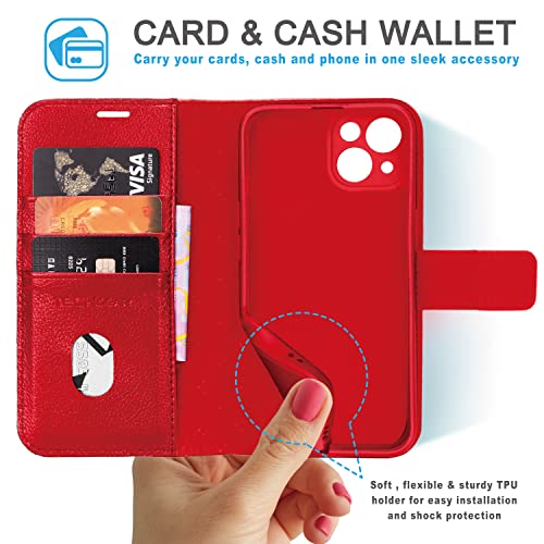 [Leather Wallet Case] Genuine Leather [RFID Blocking] Magnetic Flip Case with Card & Slots and Stand For iPhone 13 6.1"