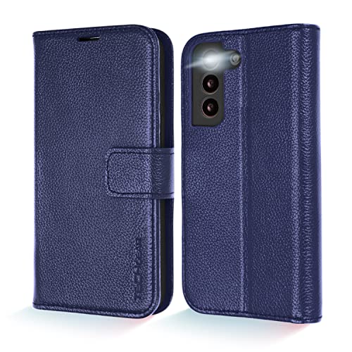 [Leather Wallet Case] Genuine Leather [RFID Blocking] Magnetic Flip Case with Card & Slots and Stand For Samsung Galaxy S22 Plus