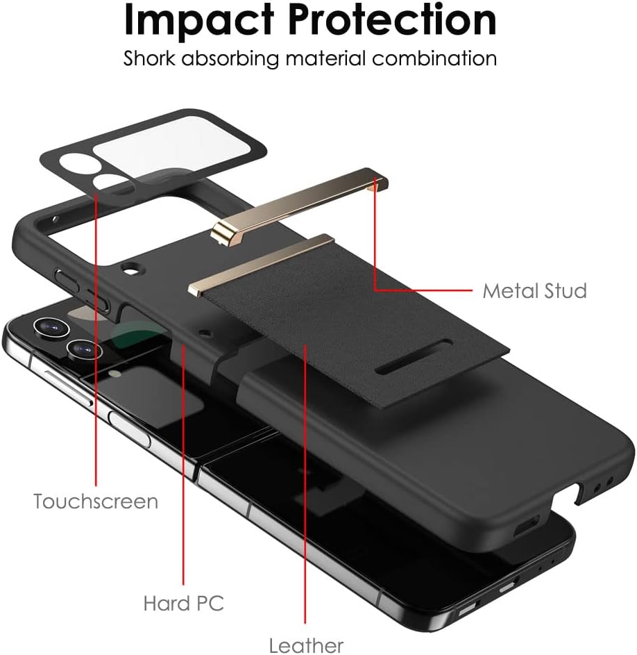 Samsung Galaxy Z Flip 4 Screen Protector Case, Z Flip 4 Case with Stylish Leather Hinge & Metal Trim, Hard PC Shockproof [Screen Protector] Case