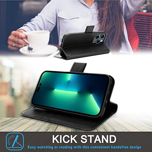 [Leather Wallet Case] Genuine Leather [RFID Blocking] Magnetic Flip Case with Card & Slots and Stand For iPhone 14 Pro