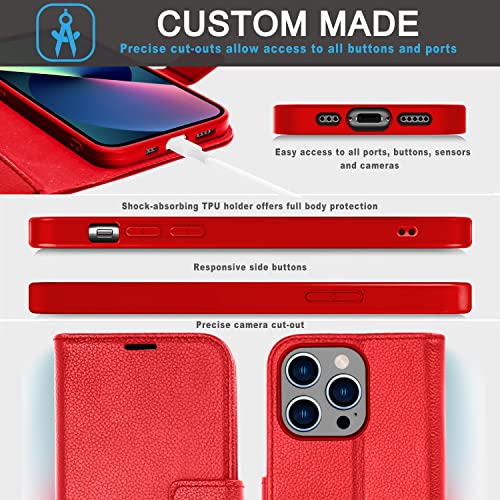 [Leather Wallet Case] Genuine Leather [RFID Blocking] Magnetic Flip Case with Card & Slots and Stand For iPhone 14 Pro
