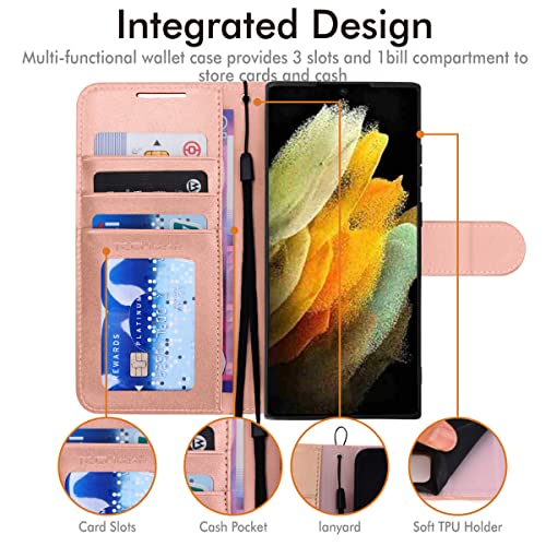 [Wallet Case] Protective Cover with Cash & Card Holder, Stand and Wrist Strap For Samsung Galaxy S22 Ultra