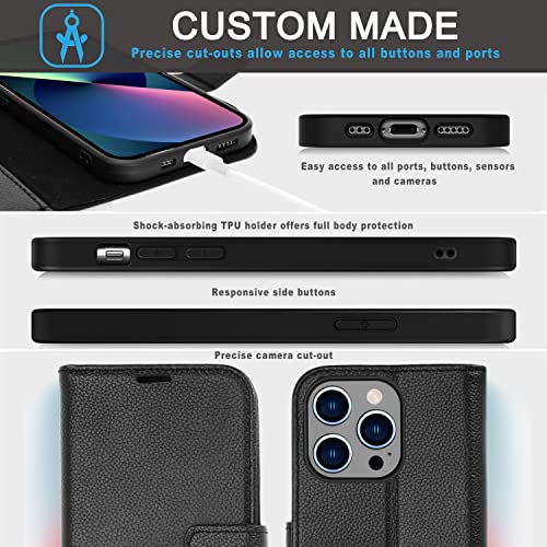 [Leather Wallet Case] Genuine Leather [RFID Blocking] Magnetic Flip Case with Card & Slots and Stand For iPhone 14 Pro