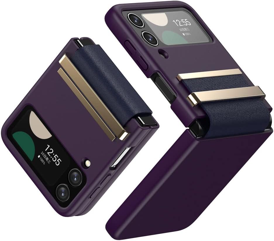 Samsung Galaxy Z Flip 4 Screen Protector Case, Z Flip 4 Case with Stylish Leather Hinge & Metal Trim, Hard PC Shockproof [Screen Protector] Case