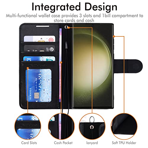 [Wallet Case] Protective Cover with Cash & Card Holder, Stand and Wrist Strap For Samsung Galaxy S23 Ultra