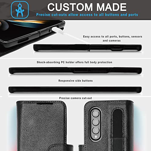 [Leather Wallet Case] Genuine Leather [RFID Blocking] Magnetic Flip Case with Card & Slots and Stand For Samsung Galaxyx Fold 4