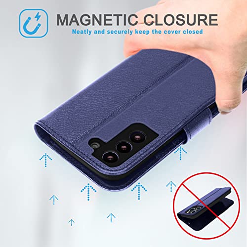 [Leather Wallet Case] Genuine Leather [RFID Blocking] Magnetic Flip Case with Card & Slots and Stand For Samsung Galaxy S22 Plus
