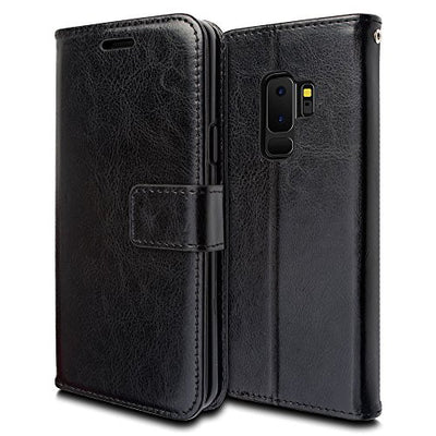 [Wallet Case] Protective Cover with Cash & Card Holder, Stand and Wrist Strap For Samsung Galaxy S9 Plus