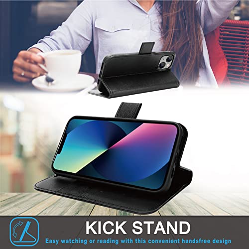 [Leather Wallet Case] Genuine Leather [RFID Blocking] Magnetic Flip Case with Card & Slots and Stand For iPhone 14 Plus