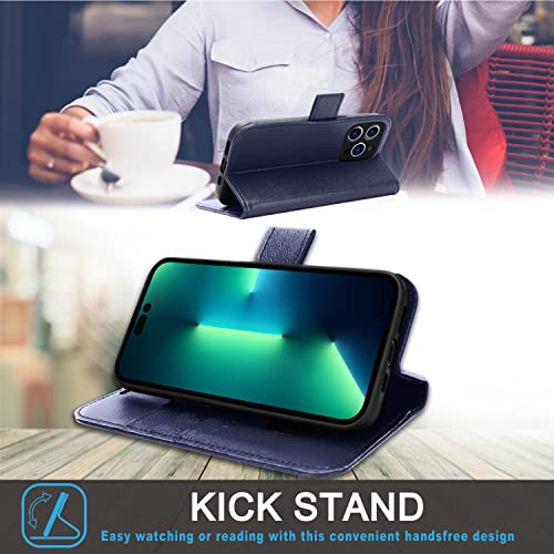 [Leather Wallet Case] Genuine Leather [RFID Blocking] Magnetic Flip Case with Card & Slots and Stand For iPhone 14 Pro