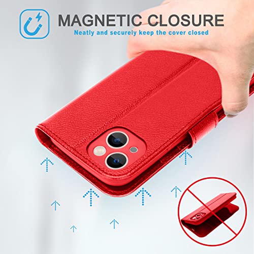 [Leather Wallet Case] Genuine Leather [RFID Blocking] Magnetic Flip Case with Card & Slots and Stand For iPhone 13 6.1"