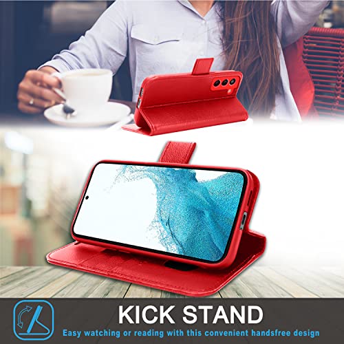 [Leather Wallet Case] Genuine Leather [RFID Blocking] Magnetic Flip Case with Card & Slots and Stand For Samsung Galaxy S22 Plus