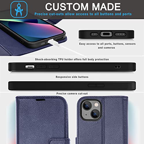 [Leather Wallet Case] Genuine Leather [RFID Blocking] Magnetic Flip Case with Card & Slots and Stand For iPhone 14 Plus