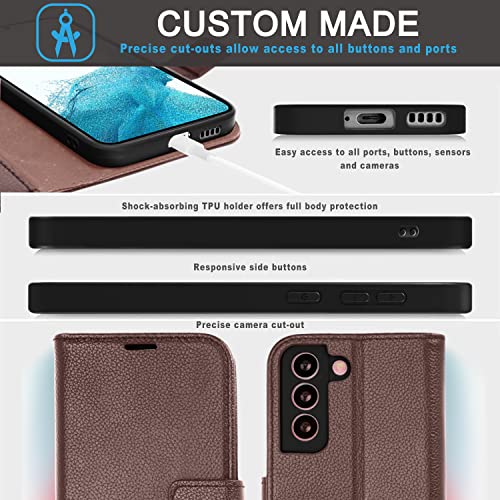 [Leather Wallet Case] Genuine Leather [RFID Blocking] Magnetic Flip Case with Card & Slots and Stand For Samsung Galaxy S22 Plus