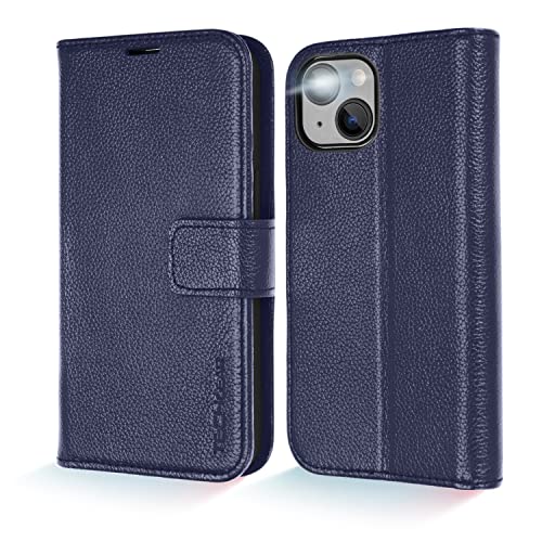[Leather Wallet Case] Genuine Leather [RFID Blocking] Magnetic Flip Case with Card & Slots and Stand For iPhone 14 Plus