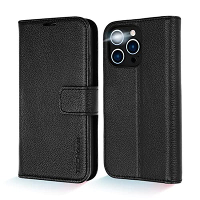 [Leather Wallet Case] Genuine Leather [RFID Blocking] Magnetic Flip Case with Card & Slots and Stand For iPhone 14 Pro