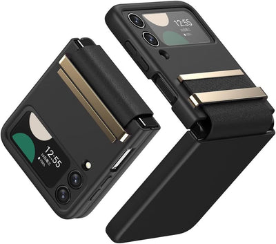 Samsung Galaxy Z Flip 4 Screen Protector Case, Z Flip 4 Case with Stylish Leather Hinge & Metal Trim, Hard PC Shockproof [Screen Protector] Case