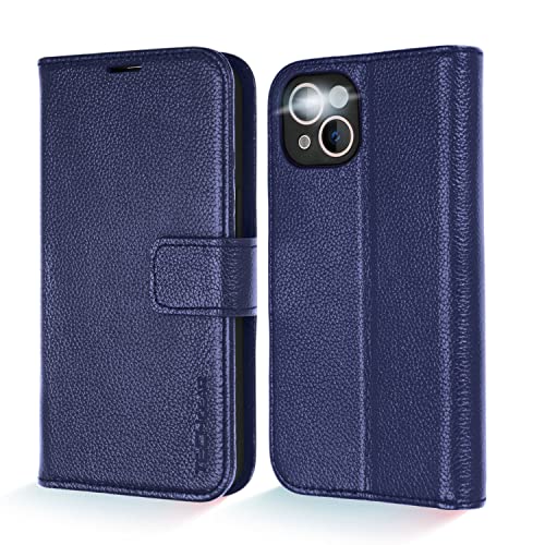 [Leather Wallet Case] Genuine Leather [RFID Blocking] Magnetic Flip Case with Card & Slots and Stand For iPhone 13 6.1"