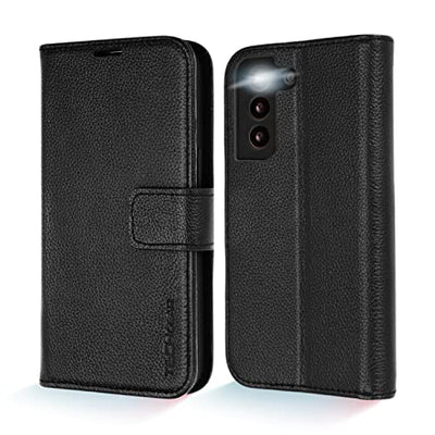 [Leather Wallet Case] Genuine Leather [RFID Blocking] Magnetic Flip Case with Card & Slots and Stand For Samsung Galaxy S22 Plus