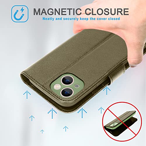 [Leather Wallet Case] Genuine Leather [RFID Blocking] Magnetic Flip Case with Card & Slots and Stand For iPhone 13 6.1"