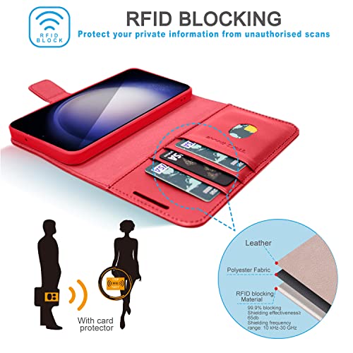 [Leather Wallet Case] Genuine Leather [RFID Blocking] Magnetic Flip Case with Card & Slots and Stand For Samsung Galaxy S23 Plus