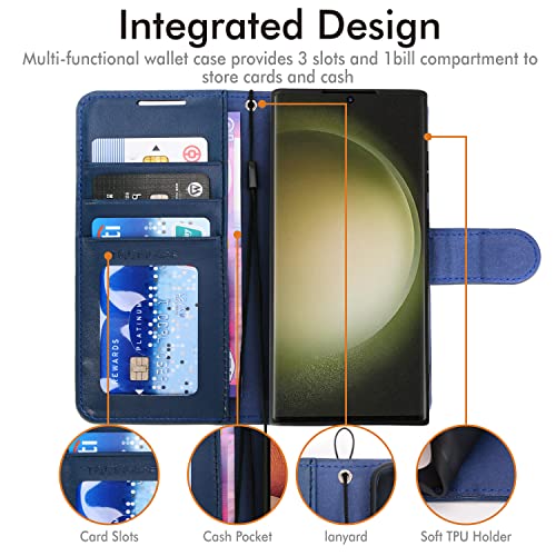 [Wallet Case] Protective Cover with Cash & Card Holder, Stand and Wrist Strap For Samsung Galaxy S23 Ultra