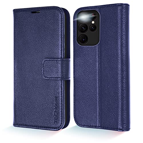[Leather Wallet Case] Genuine Leather [RFID Blocking] Magnetic Flip Case with Card & Slots and Stand For Samsung Galaxy S22 Ultra